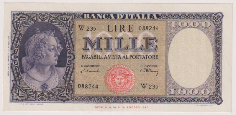 Banca d’Italia 1000 Lire Italia (Medusa) Serie Sostitutiva W235 del 1947. Rif. G...