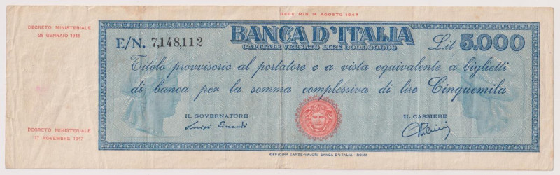 Banca d’Italia 5.000 Lire Titolo Provvisorio (Medusa) del 28/01/1948 - 7,148,112...