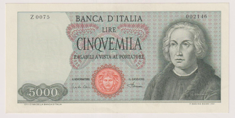 Banca d’Italia 5.000 Lire Colombo I° tipo del 04/01/1964 - Z0075 002146. Rif. Gi...