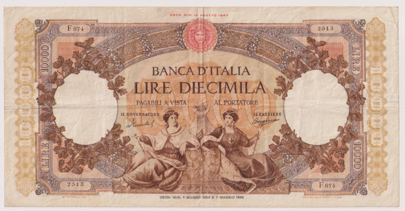 Banca d’Italia 10.000 Lire Regine del Mare del 01/06/1954 - F674 2513. Pieghe di...