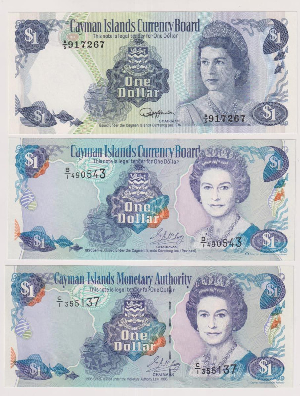 Cayman - lotto di 3 banconote da 1 Dollar del 1985 (q.fds)+ 1996 + 1998 (fds). R...