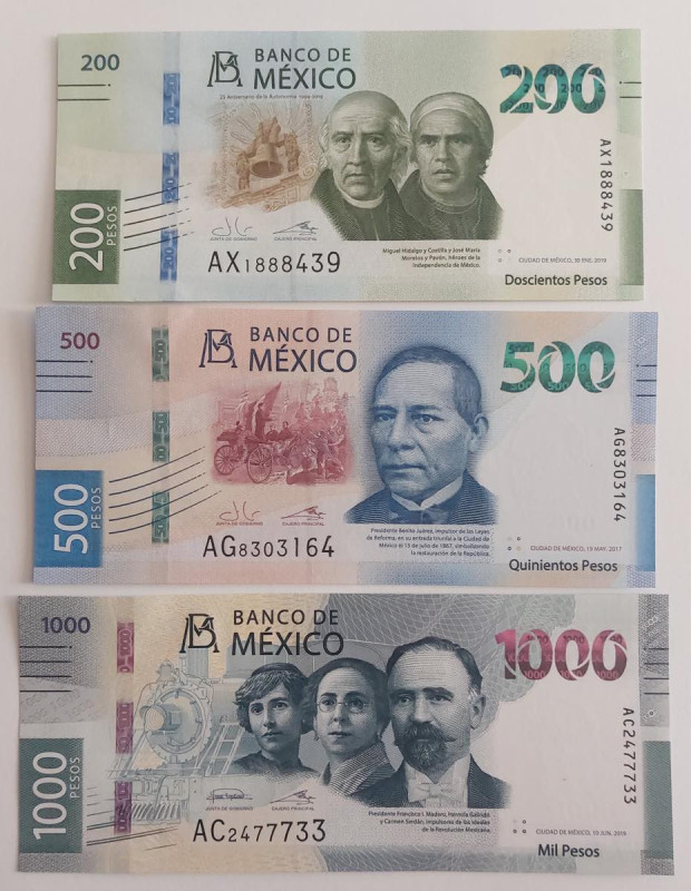 Messico / Mexico - serie di 3 banconote da 200,500 e 1000 Pesos del 2017/2019 Ri...