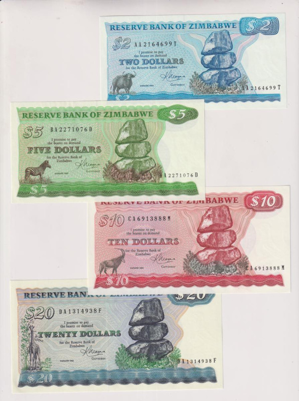 Zimbabwe - 2 (fds)+ 5 (sup) + 10 (fds)+ 20 (fds) Dollars del 1983. Rif. Pick P1,...