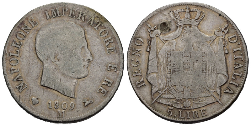 MILANO. Napoleone I Re d'Italia (1805-1814). 5 lire 1809 M. Ag. Gig. 100. MB