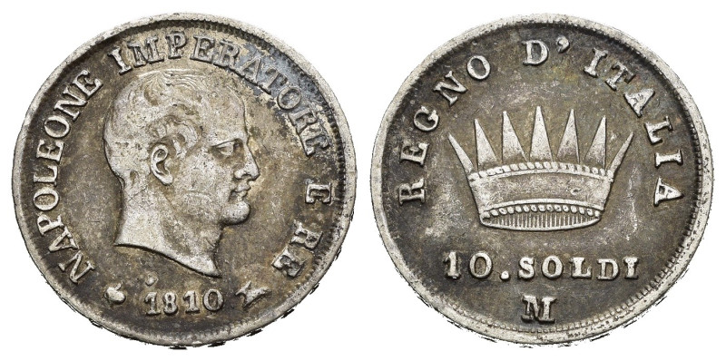 MILANO. Napoleone I re d'Italia (1805-1814). 10 soldi 1810 M. Ag. Gig.177. BB