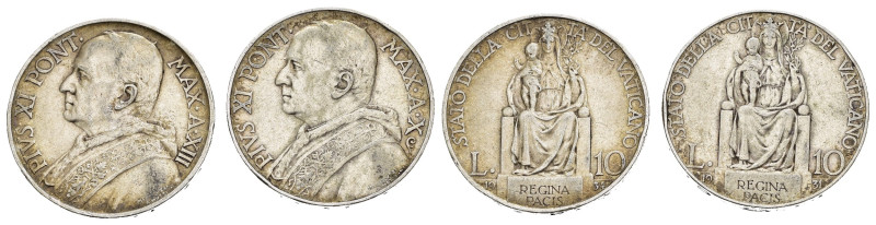 Vaticano. Pio XI (1922-1939). Lotto di 2 monete da 10 Lire 1931 e 1934. Ag.