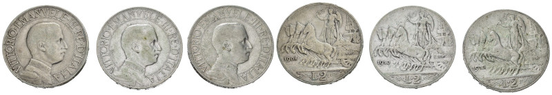 Regno d'Italia. Vittorio Emanuele III. Lotto di 3 monete. 2 lire 1908 - 1910 - 1...