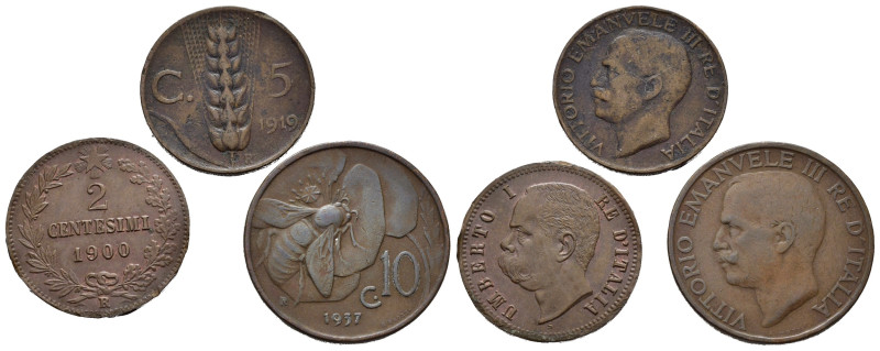 Regno d'Italia. Lotto di 3 monete. 5 centesimi 1919 spiga; 10 centesimi 1937 ape...