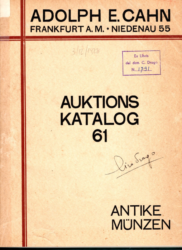 CAHN A. - Katalog 61. - Frankfurt am Main, 3\4 - Dezember, 1928. Sammlung Prof. ...