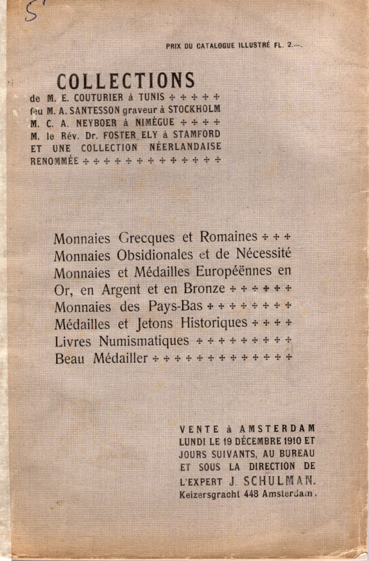 SCHULMAN J. - Amsterdam, 19\22 - December, 1910. Collections E. Couturier a Tuni...