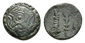KINGS of MACEDON. Alexander III The Great. (336-323 BC).Miletos or Mylasa.Ae.

Obv : Macedonian shield.

Rev : K.
Bow in quiver, club and grain ear.
P...
