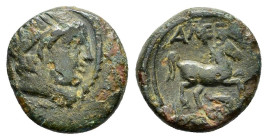 KINGS of MACEDON. Alexander III The Great. (336-323 BC).Uncertain in Macedon.Ae.

Obv : Diademed head of Apollo right.

Rev : ΑΛΕΞΑΝΔPOY.
Horse gallop...
