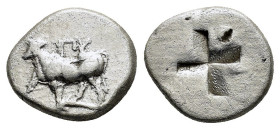 THRACE. Byzantion. (Circa 387/6-340 BC). Drachm.

Obv : 'ΠΥ.
Bull standing on dolphin left; to left.

Rev : Quadripartite incuse square with stippled ...