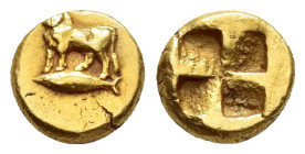 MYSIA..Cyzicus.(Circa 550-450 BC). EL Hemihekte – Twelfth Stater.

Obv : Man-headed bull standing left, head facing, on tunny left.

Rev : Quadrip...