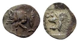 MYSIA.Cyzicus.(Circa 5th century BC).Obol.

Obv : Forepart of boar left; tunny to right.

Rev : Head of lion to left within incuse square, above flora...