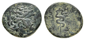 MYSIA.Pergamon.( 200-113 BC).Civic Issue.Ae.

Obv : Laureate head of Aesclepios (or Zeus) right.

Rev : ΑΣ - ΚΛΗΠΙΟΥ ΣΩΤΗΡΟΣ.
Serpent-entwined staff o...