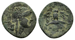 MYSIA.Pergamon.(Circa 200-133 BC).Ae.

Obv : Head of Athena right, wearing helmet decorated with star.

Rev : AΘHNAΣ / NIKHΦOPOY.
Owl standing facing ...