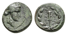 LYDIA. Sardes.(2nd-1st centuries BC).Ae.

Obv : Laureate head of Apollo right.

Rev : ΣAPΔIANΩN.
Club within wreath; monogram in field.
SNG Copenhagen...