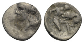 Calabria, Tarentum. Diobol circa 380-325 BC, AR 12.81 mm, 1.23 g. 
Slightly off-center to the observe. Good Fine