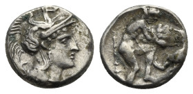 Calabria, Tarentum. Diobol circa 325-280 BC, AR 12.04 mm, 1.12 g. 
VF