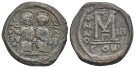 Iustinus II with Sophia, 565-578. Follis dated (ANNO III) RY 3 Nicomedia 567-568, AE 28.73 mm, 15.08 g.
Good VF