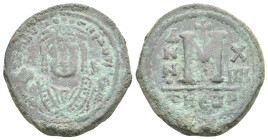 Maurice Tiberius, 582-602. Follis Antioch dated (ANNO X IIII) year 14 (= 595-596), AE 29.57 mm, 12.68 g. 
VF