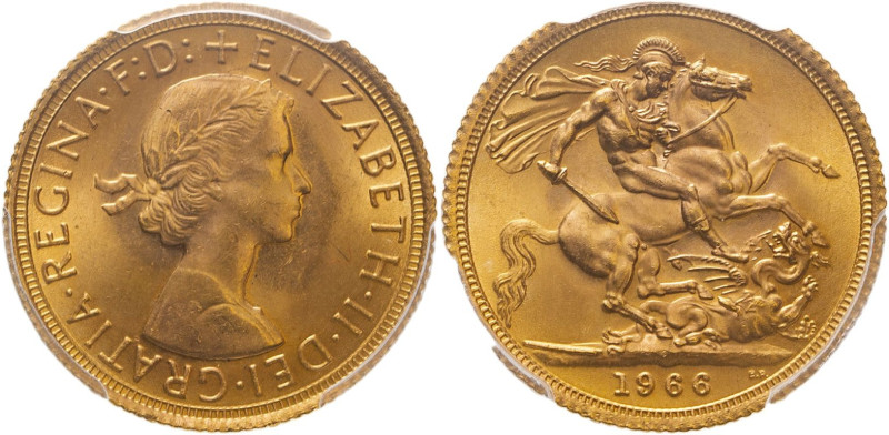 UNITED KINGDOM. Elizabeth II, 1952-2022. 
Gold sovereign, 1966. Royal Mint. 
F...