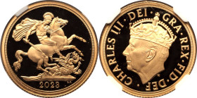United Kingdom Charles III 2023 Gold Sovereign Coronation of King Charles III Proof Piedfort NGC PF 70 ULTRA CAMEO