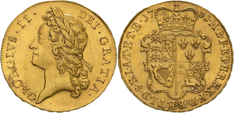 GREAT BRITAIN. George II, 1727-60. 
Gold 5 guineas, 1738. London. 
Young laure...