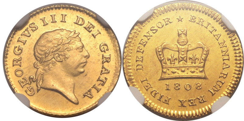 UNITED KINGDOM. George III, 1760-1820. 
Gold 1/3 guinea, 1808. Royal Mint. 
La...