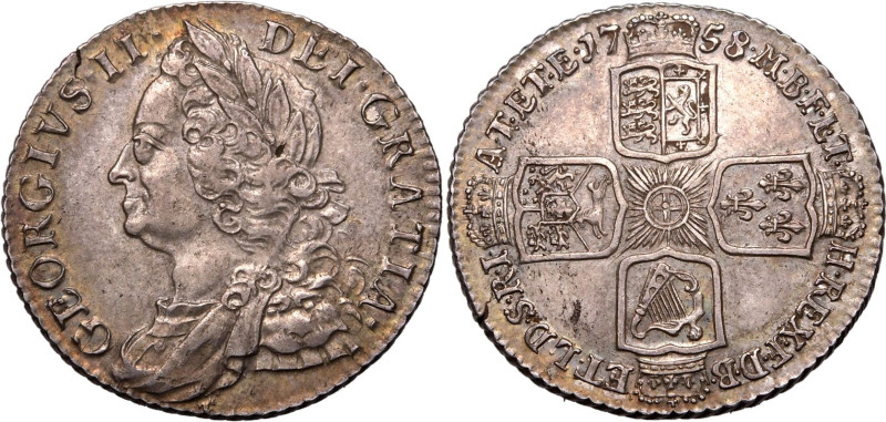 GREAT BRITAIN. George II, 1727-60. 
Silver shilling, 1758. Plain Angles. 
Olde...