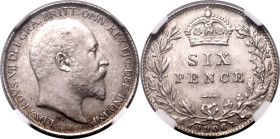 United Kingdom Edward VII 1906 Silver Sixpence NGC AU 58