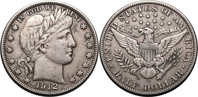 UNITED STATES. 
Silver 1/2 dollar, 1912 D. Denver. 
Barber Half dollar. 
Very...