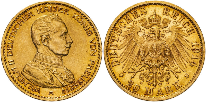 GERMANY. PRUSSIA. Wilhelm II, 1888-1918. 
Gold 20 mark, 1914 A. Berlin. 
Unifo...