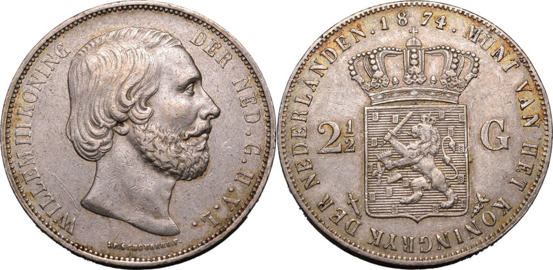 NETHERLANDS. Willem III. 
Silver 2 1/2 gulden, 1874. Utrecht. 
Good very fine....