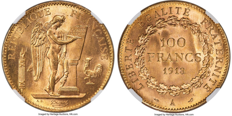 Republic gold 100 Francs 1913-A MS66+ NGC, Paris mint, KM858, Fr-590, Gad-1137a....