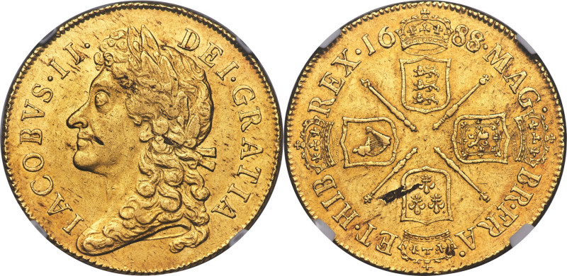 James II gold 2 Guineas 1688/7 AU55 NGC, KM464, S-3399, Fr-294. A rather elusive...