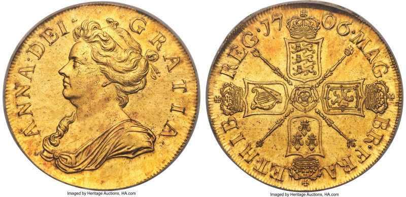 Anne gold 5 Guineas 1706 MS63 PCGS, KM520.2, S-3560, Schneider- Pre-Union type. ...