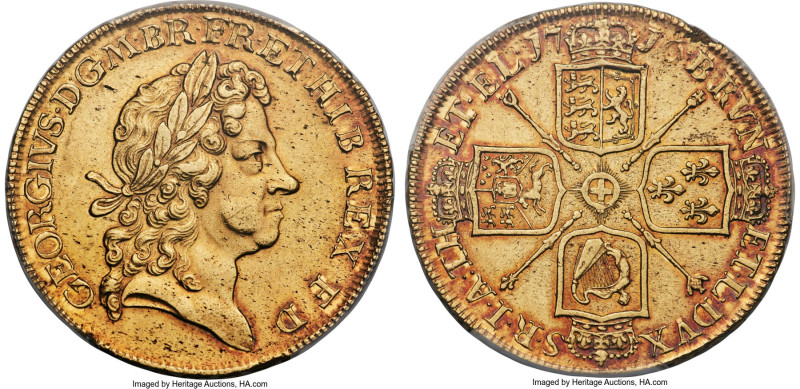 George I gold 5 Guineas 1716 AU55 PCGS, KM547, S-3626. SEGVNDO edge. A captivati...