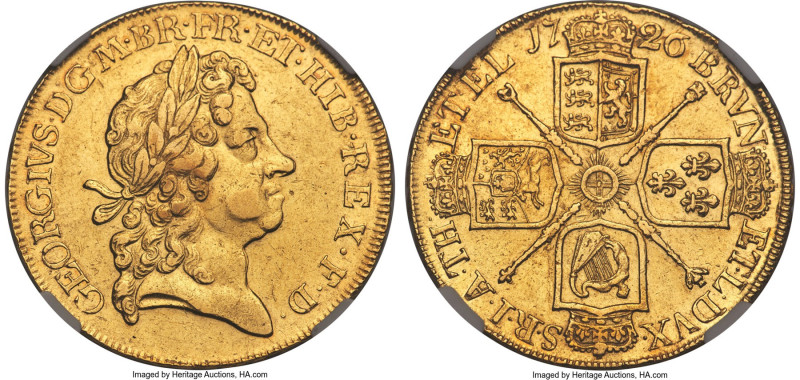 George I gold 5 Guineas 1726 AU55 NGC, KM547, S-3626, Schneider-542. TERTIO edge...