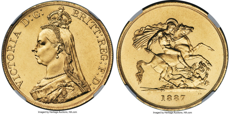 Victoria gold 5 Pounds 1887 MS64 NGC, KM769, S-3864. A magnificent example on th...