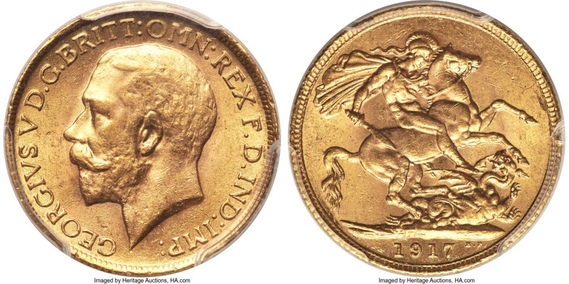 George V gold Sovereign 1917 MS63 PCGS, KM820, S-3996, Marsh-219 (R5). Among the...