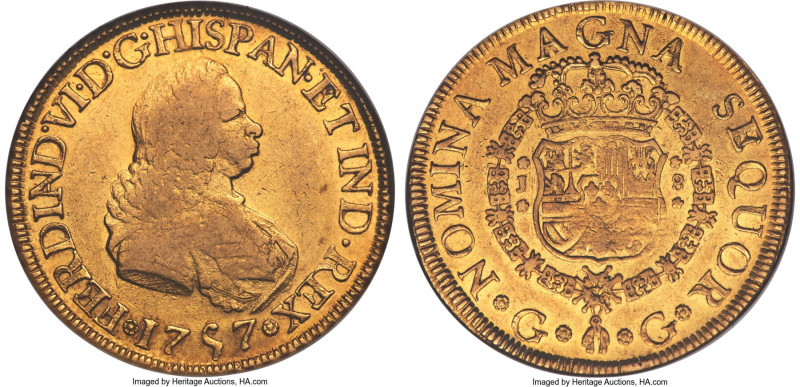 Ferdinand VI gold 8 Escudos 1757/6 G-J XF40 NGC, Nueva Guatemala mint, KM21, Cal...