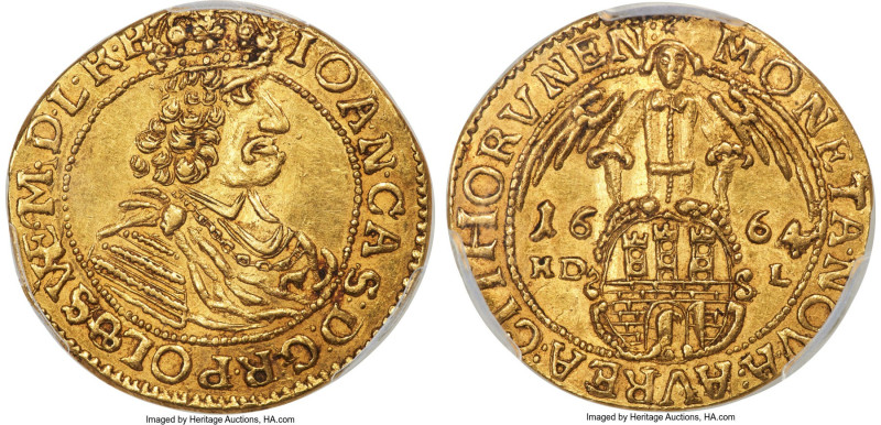 Thorn. Johann Casimir gold 2 Ducats 1664 HD-L AU58 PCGS, KM45, Fr-59, Kop-8362. ...