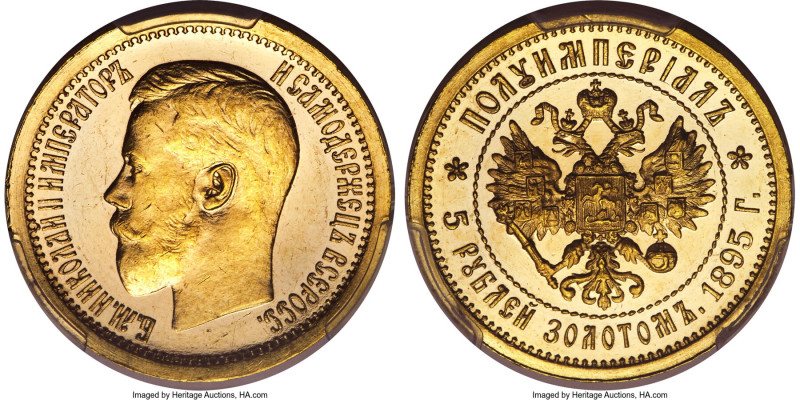 Nicholas II gold Specimen 1/2 Imperial of 5 Roubles 1895-AГ SP62 PCGS, St. Peter...