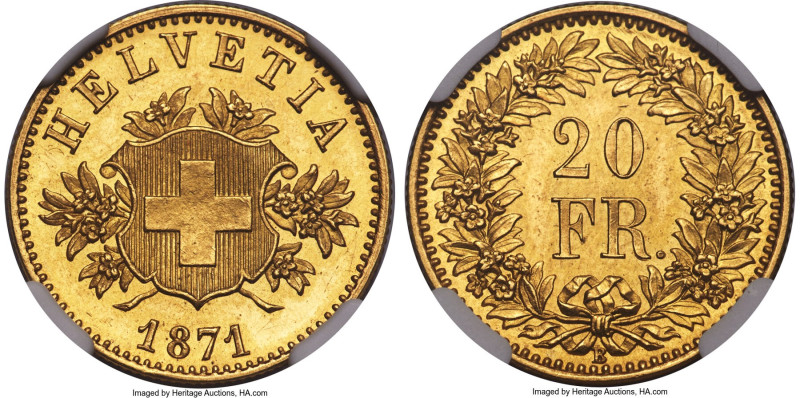 Confederation gold Proof Pattern 20 Francs 1871-B PR65 NGC, Bern mint, KM-Pn17, ...