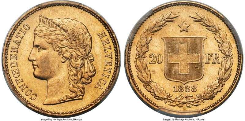 Confederation gold 20 Francs 1888-B MS62 PCGS, Bern mint, KM31.3, Fr-497, HMZ-2-...