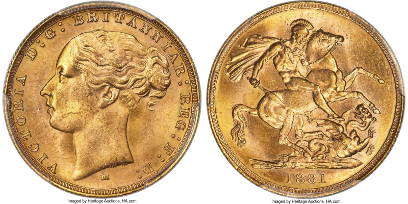 Victoria gold "St. George" Sovereign 1881-M MS65 PCGS, Melbourne mint, KM7, S-38...