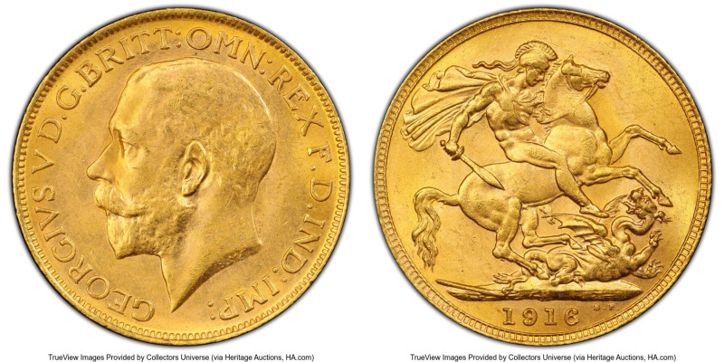 George V gold Sovereign 1916-P MS65 PCGS, Perth mint, KM29, S-4001. Embellished ...