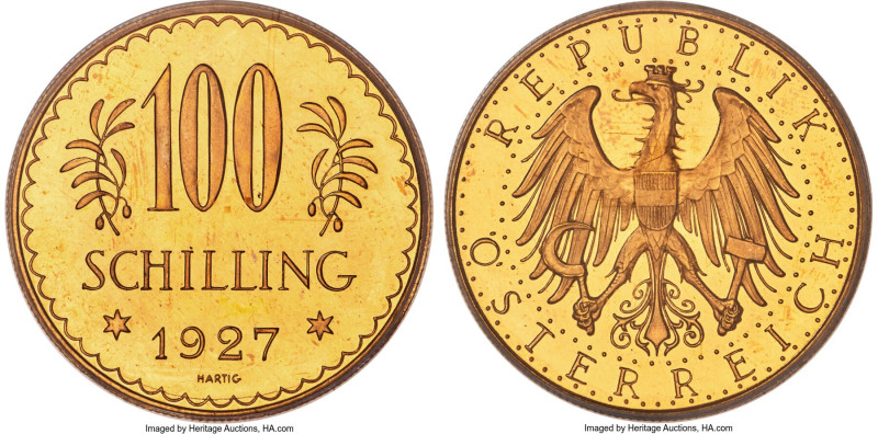 Republic gold Prooflike 100 Schilling 1927 PL66 PCGS, Vienna mint, KM2842, Fr-52...